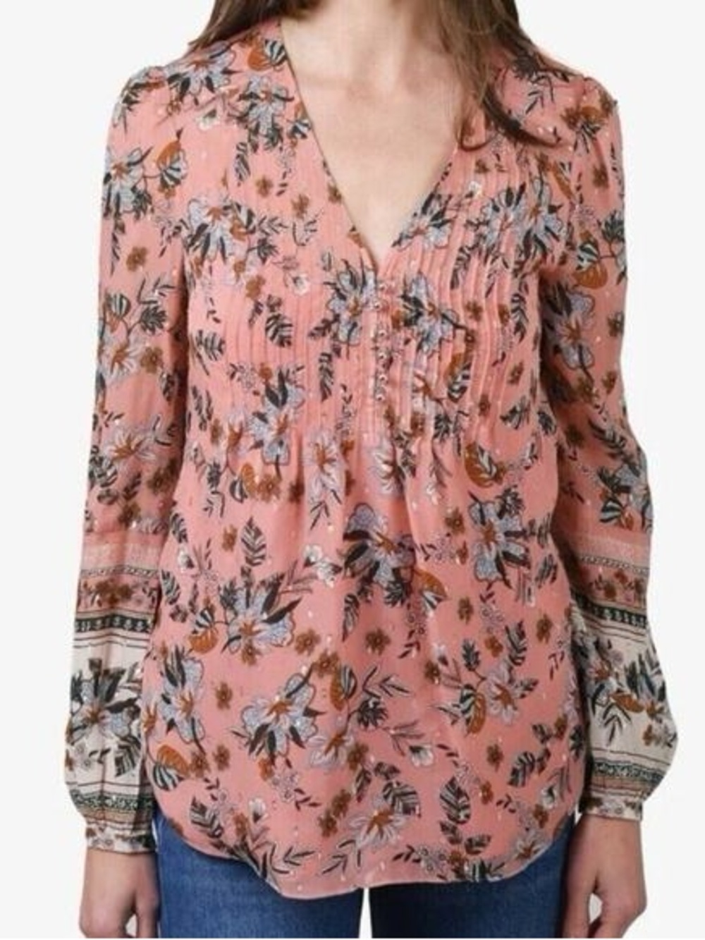 VERONICA BEARD Lowell Floral
Silk Blouse Pink Pintuck Metallic V-neck 2